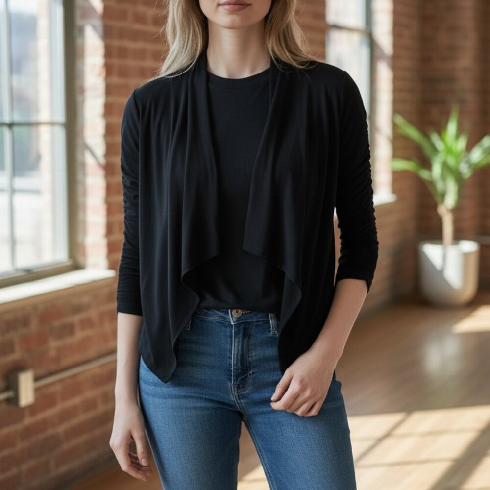 Clara Sun Woo Black Drape Tunic Cardigan XS Open Front Ruched Sleeves